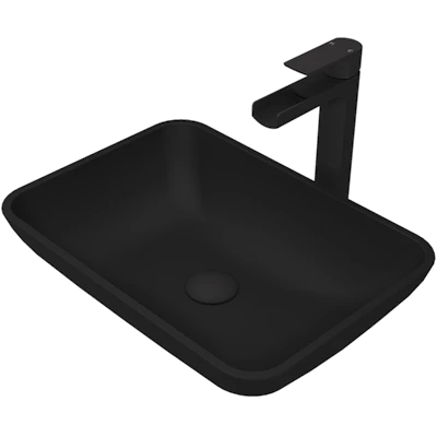 Matte Shell Sottile Glass Rectangular Vessel Bathroom Sink in Black with Amada Faucet and Pop-Up Drain