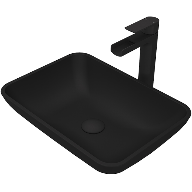 Matte Shell Sottile Glass Rectangular Vessel Bathroom Sink in Black with Amada Faucet and Pop-Up Drain - image 1 - other