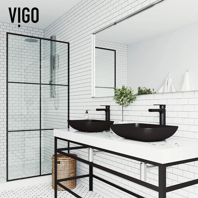 Matte Shell Sottile Glass Rectangular Vessel Bathroom Sink in Black with Amada Faucet and Pop-Up Drain - angle 2 - other