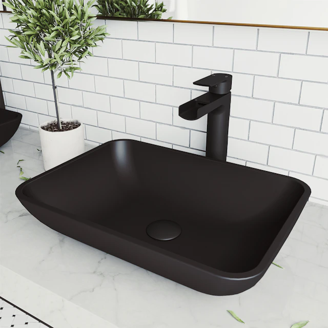 Matte Shell Sottile Glass Rectangular Vessel Bathroom Sink in Black with Amada Faucet and Pop-Up Drain - angle 3 - other