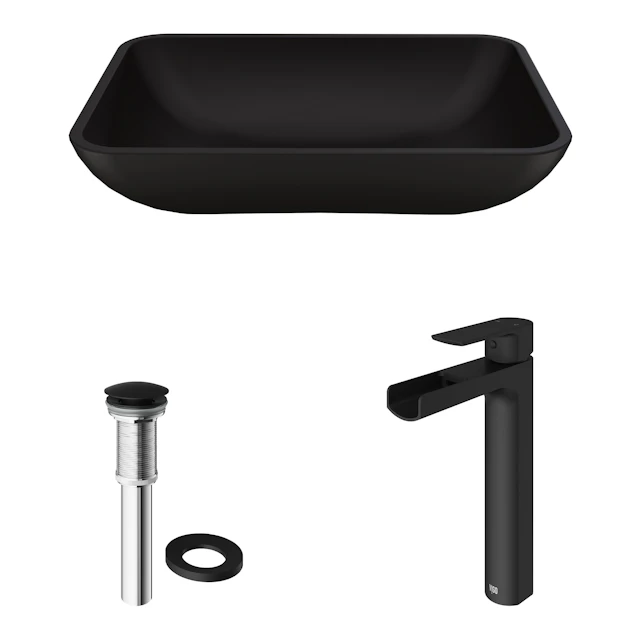 Matte Shell Sottile Glass Rectangular Vessel Bathroom Sink in Black with Amada Faucet and Pop-Up Drain - angle 4 - other