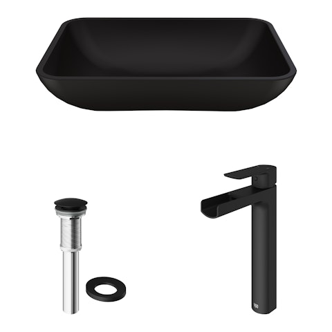 Matte Shell Sottile Glass Rectangular Vessel Bathroom Sink in Black with Amada Faucet and Pop-Up Drain - image 4 - other