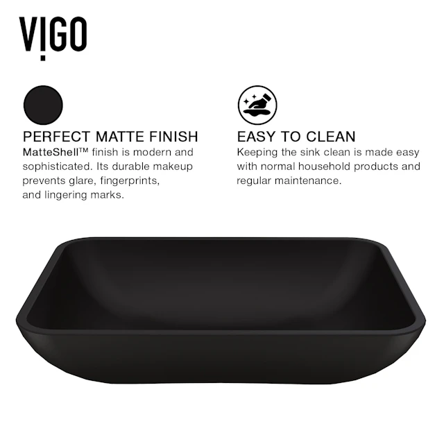 Matte Shell Sottile Glass Rectangular Vessel Bathroom Sink in Black with Amada Faucet and Pop-Up Drain - angle 6 - other