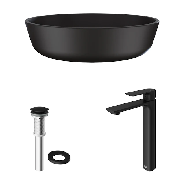 Matte Shell Modus Glass Round Vessel Bathroom Sink in Black with Norfolk Faucet and Pop-Up Drain - angle 3 - other