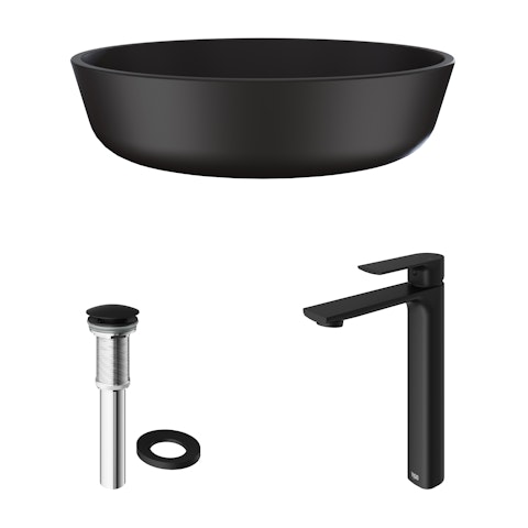 Matte Shell Modus Glass Round Vessel Bathroom Sink in Black with Norfolk Faucet and Pop-Up Drain - image 3 - other
