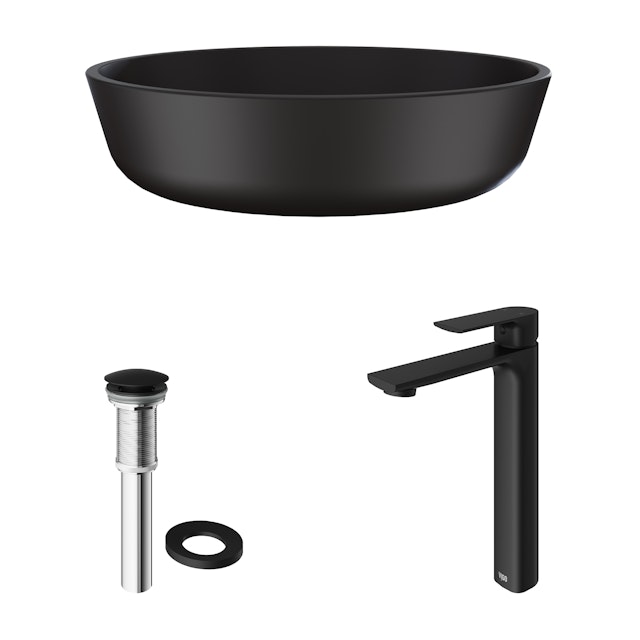 Matte Shell Modus Glass Round Vessel Bathroom Sink in Black with Norfolk Faucet and Pop-Up Drain - image 3 - other