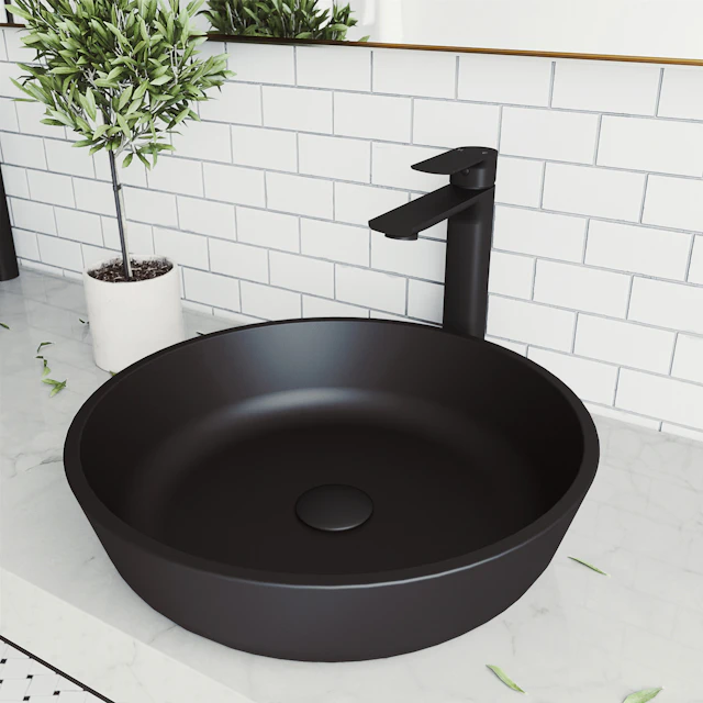 Matte Shell Modus Glass Round Vessel Bathroom Sink in Black with Norfolk Faucet and Pop-Up Drain - angle 4 - other