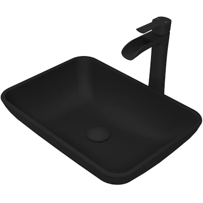 Matte Shell Sottile Glass Rectangular Vessel Bathroom Sink in Black with Niko Faucet and Pop-Up Drain