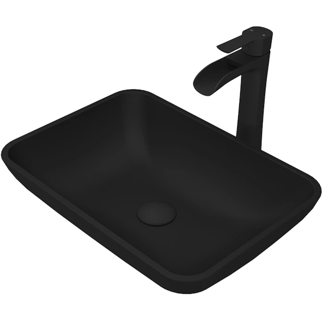 Matte Shell Sottile Glass Rectangular Vessel Bathroom Sink in Black with Niko Faucet and Pop-Up Drain - angle 1 - other