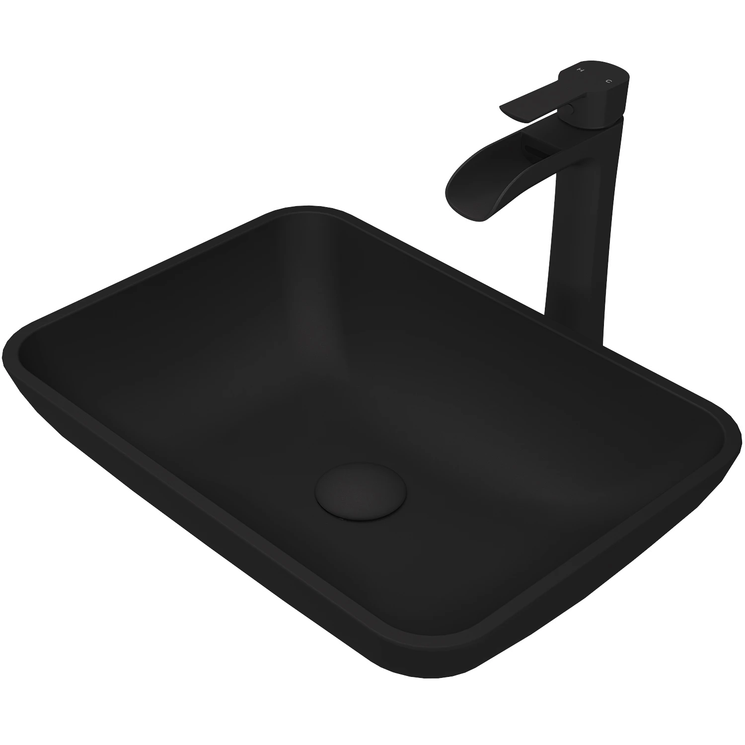 Matte Shell Sottile Glass Rectangular Vessel Bathroom Sink in Black with Niko Faucet and Pop-Up Drain