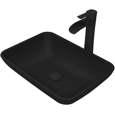 Matte Shell Sottile Glass Rectangular Vessel Bathroom Sink in Black with Niko Faucet and Pop-Up Drain