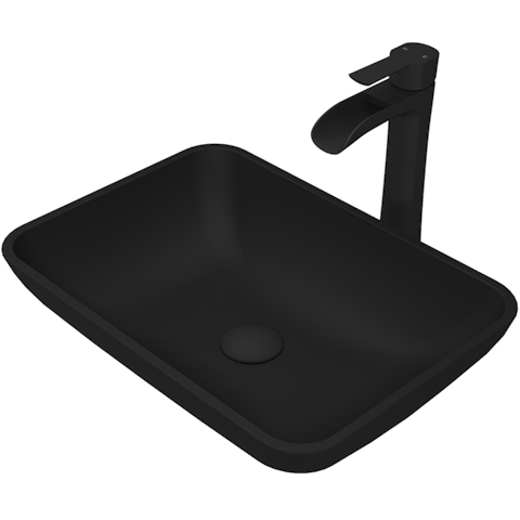 Matte Shell Sottile Glass Rectangular Vessel Bathroom Sink in Black with Niko Faucet and Pop-Up Drain - image 1 - other