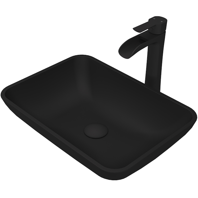 Matte Shell Sottile Glass Rectangular Vessel Bathroom Sink in Black with Niko Faucet and Pop-Up Drain - image 1 - other