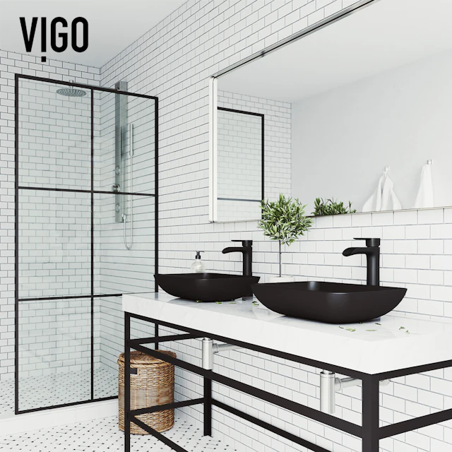 Matte Shell Sottile Glass Rectangular Vessel Bathroom Sink in Black with Niko Faucet and Pop-Up Drain - angle 2 - other