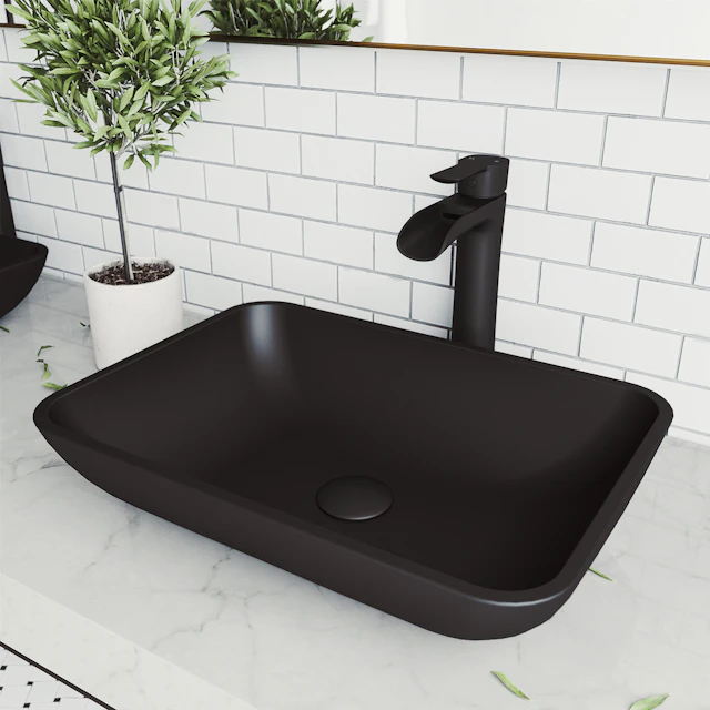 Matte Shell Sottile Glass Rectangular Vessel Bathroom Sink in Black with Niko Faucet and Pop-Up Drain - angle 3 - other