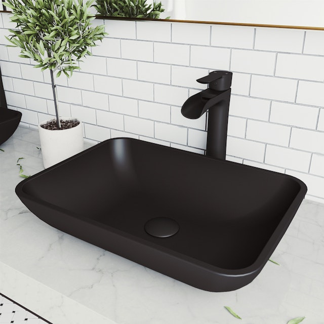 Matte Shell Sottile Glass Rectangular Vessel Bathroom Sink in Black with Niko Faucet and Pop-Up Drain - image 3 - other
