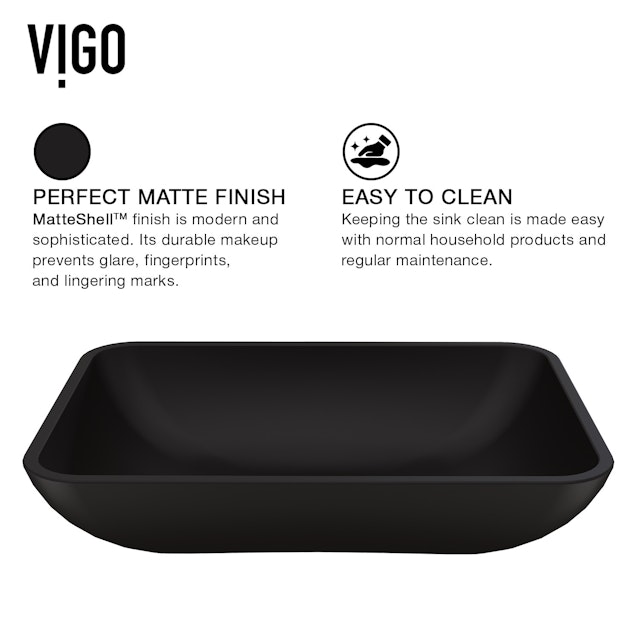 Matte Shell Sottile Glass Rectangular Vessel Bathroom Sink in Black with Niko Faucet and Pop-Up Drain - image 6 - other