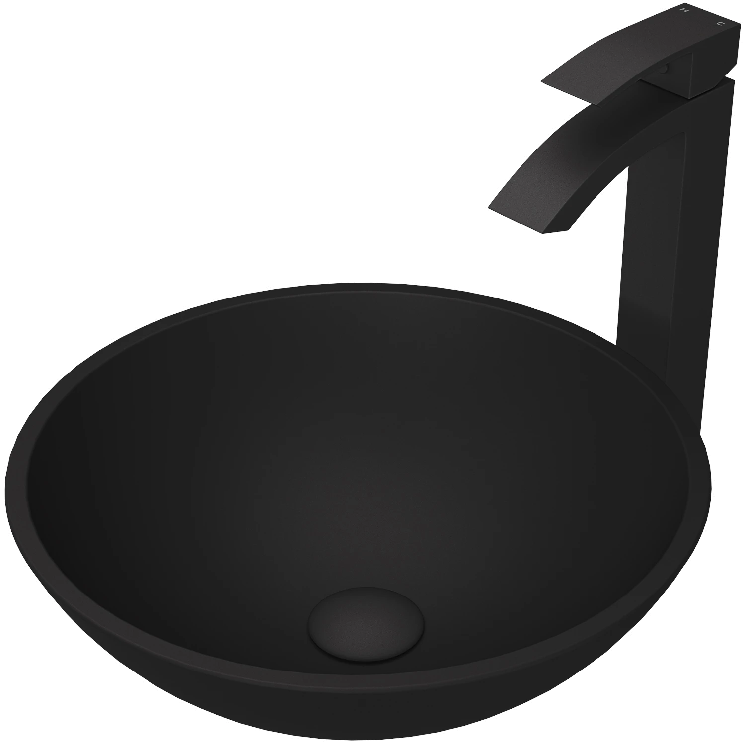 Matte Shell Cavalli Glass Round Vessel Bathroom Sink in Black with Duris Faucet and Pop-Up Drain