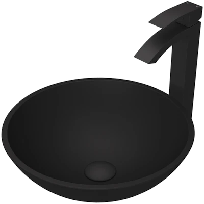 Matte Shell Cavalli Glass Round Vessel Bathroom Sink in Black with Duris Faucet and Pop-Up Drain