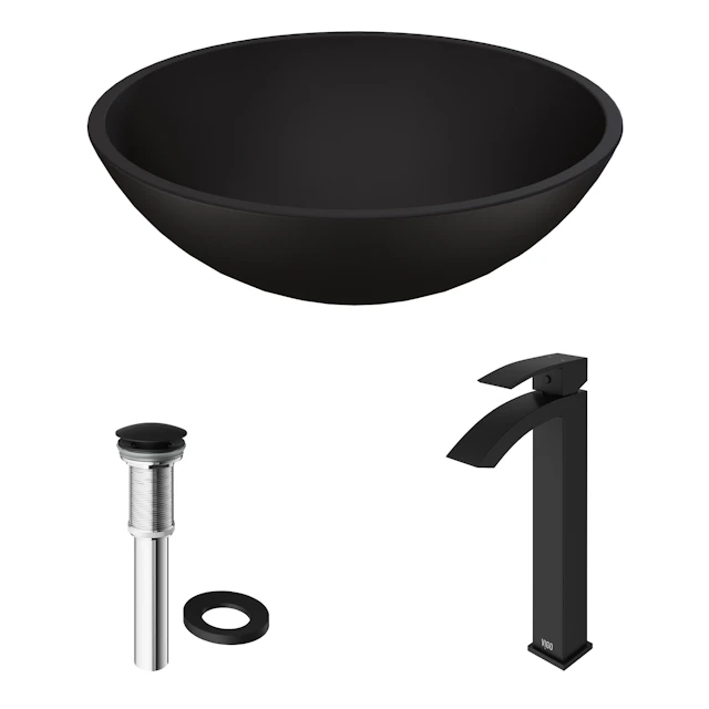 Matte Shell Cavalli Glass Round Vessel Bathroom Sink in Black with Duris Faucet and Pop-Up Drain - angle 3 - other