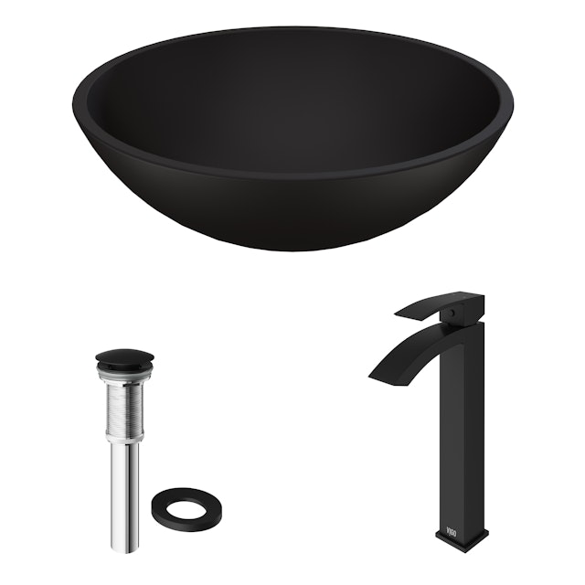 Matte Shell Cavalli Glass Round Vessel Bathroom Sink in Black with Duris Faucet and Pop-Up Drain - image 3 - other