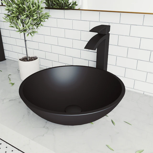Matte Shell Cavalli Glass Round Vessel Bathroom Sink in Black with Duris Faucet and Pop-Up Drain - angle 4 - other
