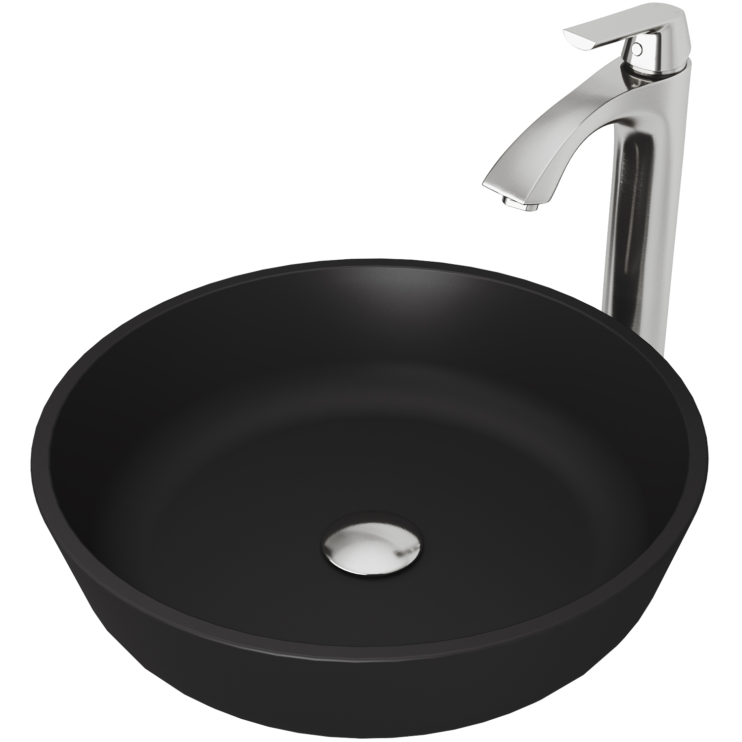 Matte Shell Modus Glass Round Vessel Bathroom Sink in Black with Linus Faucet and Pop-Up Drain