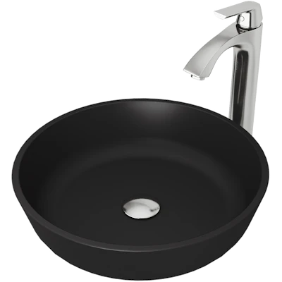 Matte Shell Modus Glass Round Vessel Bathroom Sink in Black with Linus Faucet and Pop-Up Drain