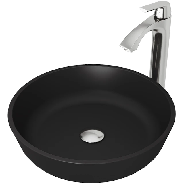 Matte Shell Modus Glass Round Vessel Bathroom Sink in Black with Linus Faucet and Pop-Up Drain - angle 1 - other