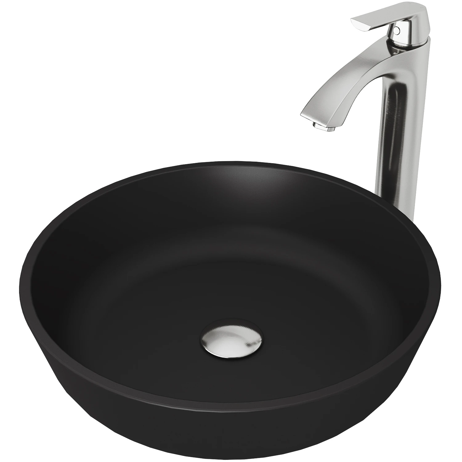 Matte Shell Modus Glass Round Vessel Bathroom Sink in Black with Linus Faucet and Pop-Up Drain