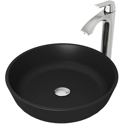 Matte Shell Modus Glass Round Vessel Bathroom Sink in Black with Linus Faucet and Pop-Up Drain
