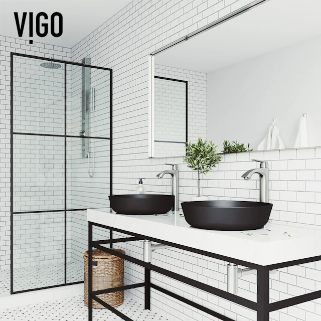 Matte Shell Modus Glass Round Vessel Bathroom Sink in Black with Linus Faucet and Pop-Up Drain - angle 2 - other