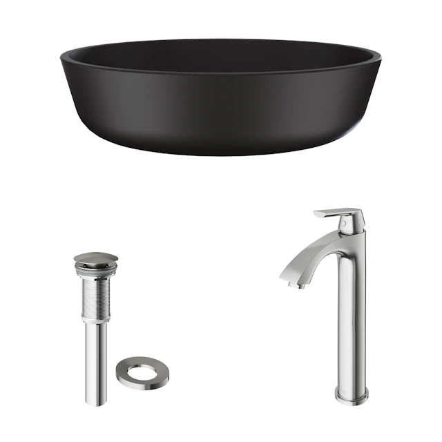 Matte Shell Modus Glass Round Vessel Bathroom Sink in Black with Linus Faucet and Pop-Up Drain - angle 3 - other