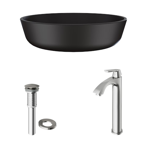 Matte Shell Modus Glass Round Vessel Bathroom Sink in Black with Linus Faucet and Pop-Up Drain - image 3 - other