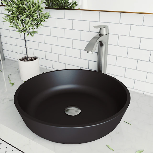 Matte Shell Modus Glass Round Vessel Bathroom Sink in Black with Linus Faucet and Pop-Up Drain - angle 4 - other