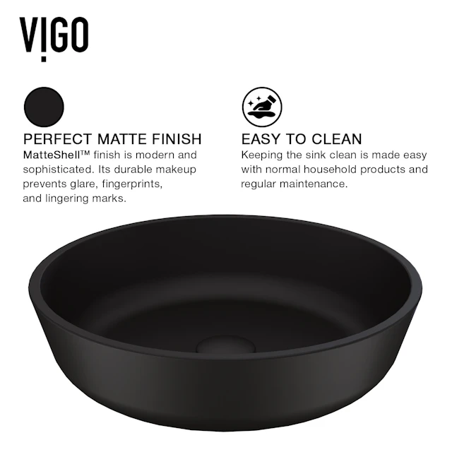 Matte Shell Modus Glass Round Vessel Bathroom Sink in Black with Linus Faucet and Pop-Up Drain - angle 6 - other