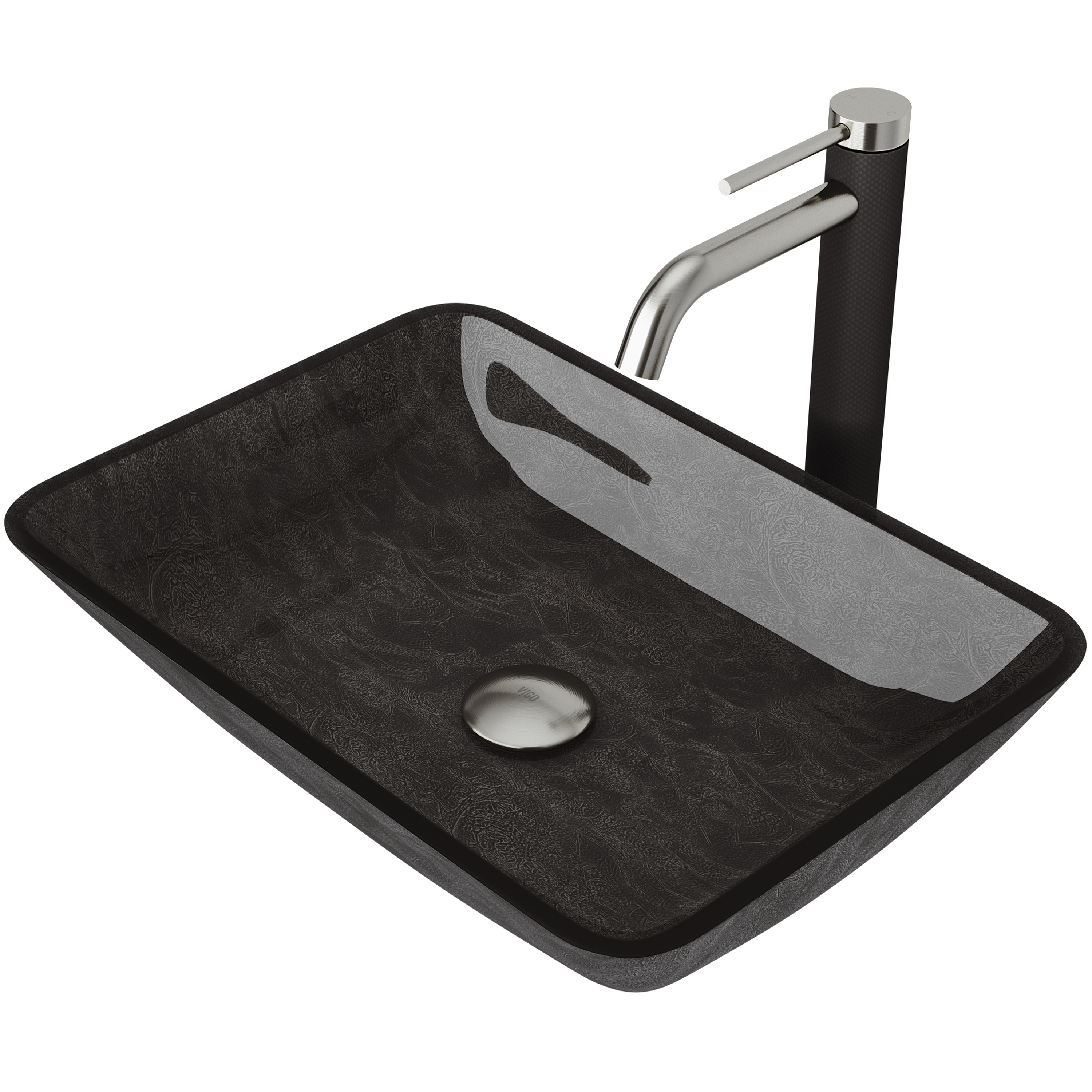 Glass Rectangular Vessel Bathroom Sink in Onyx Gray with Lexington Faucet and Pop-Up Drain