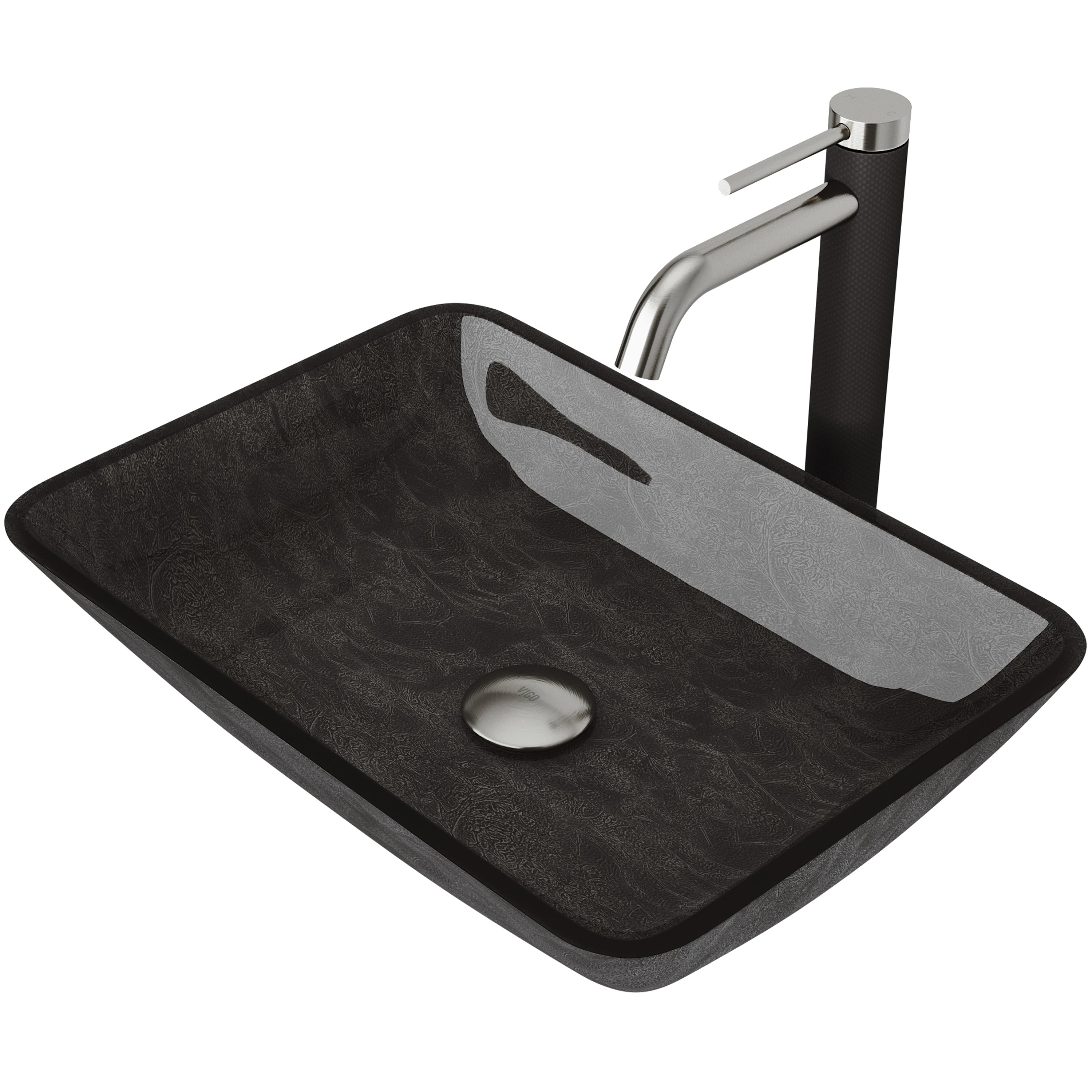 Glass Rectangular Vessel Bathroom Sink in Onyx Gray with Lexington Faucet and Pop-Up Drain