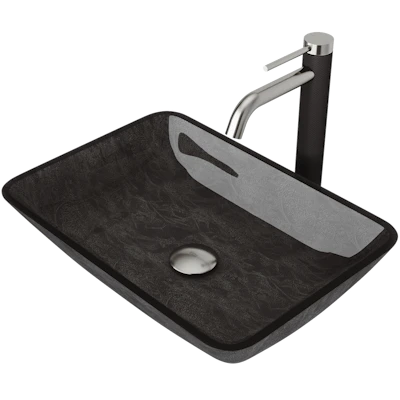 Glass Rectangular Vessel Bathroom Sink in Onyx Gray with Lexington Faucet and Pop-Up Drain