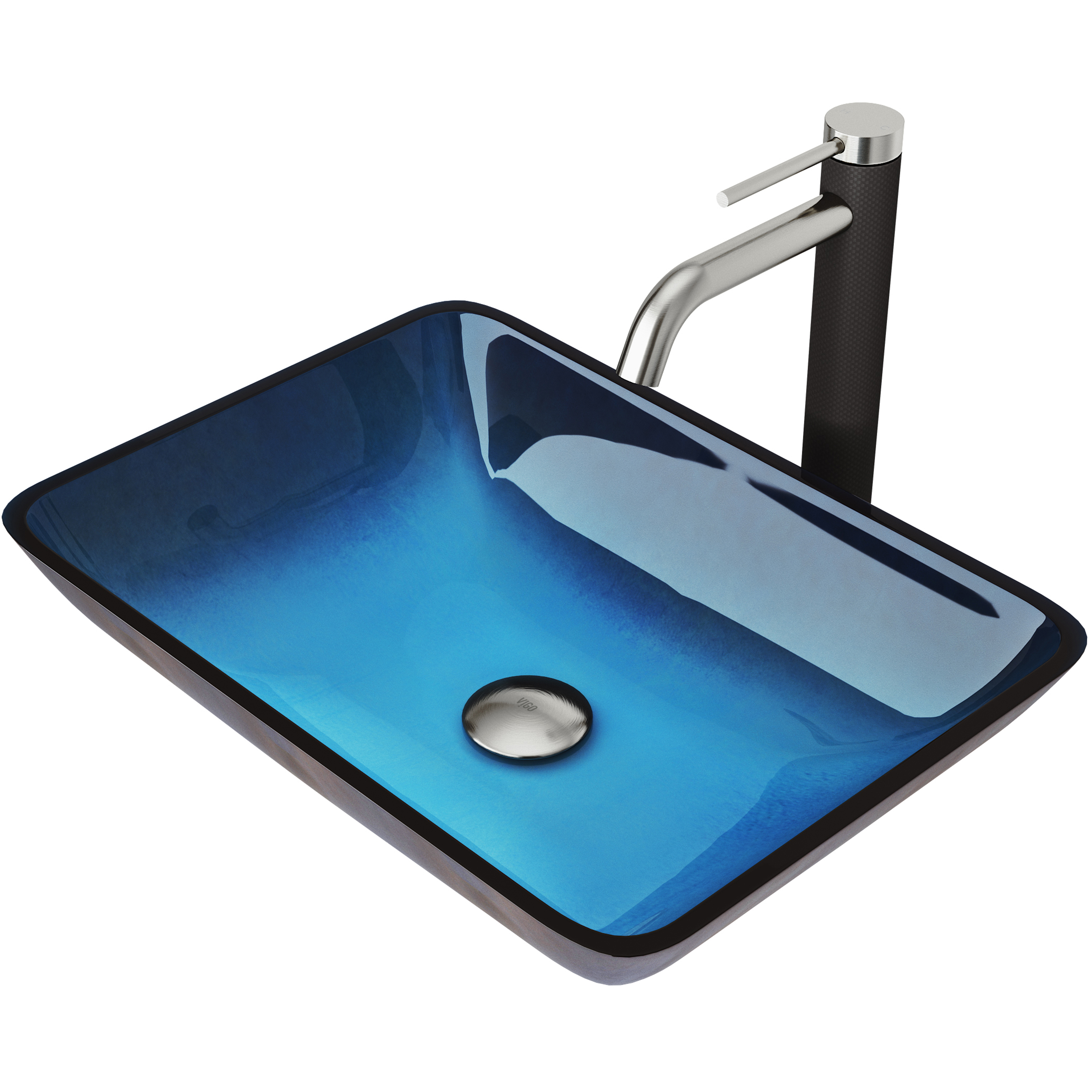 Glass Rectangular Vessel Bathroom Sink in Turquoise Blue with Lexington Faucet and Pop-Up Drain