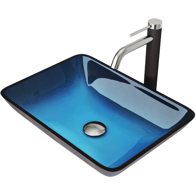 Glass Rectangular Vessel Bathroom Sink in Turquoise Blue with Lexington Faucet and Pop-Up Drain - angle 1 - other