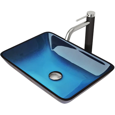 Glass Rectangular Vessel Bathroom Sink in Turquoise Blue with Lexington Faucet and Pop-Up Drain