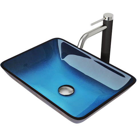 Glass Rectangular Vessel Bathroom Sink in Turquoise Blue with Lexington Faucet and Pop-Up Drain - image 1 - other