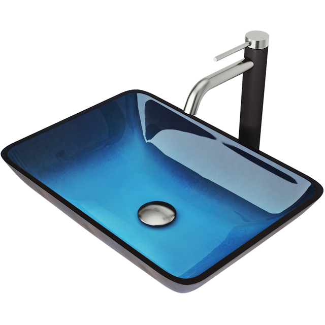 Glass Rectangular Vessel Bathroom Sink in Turquoise Blue with Lexington Faucet and Pop-Up Drain - image 1 - other