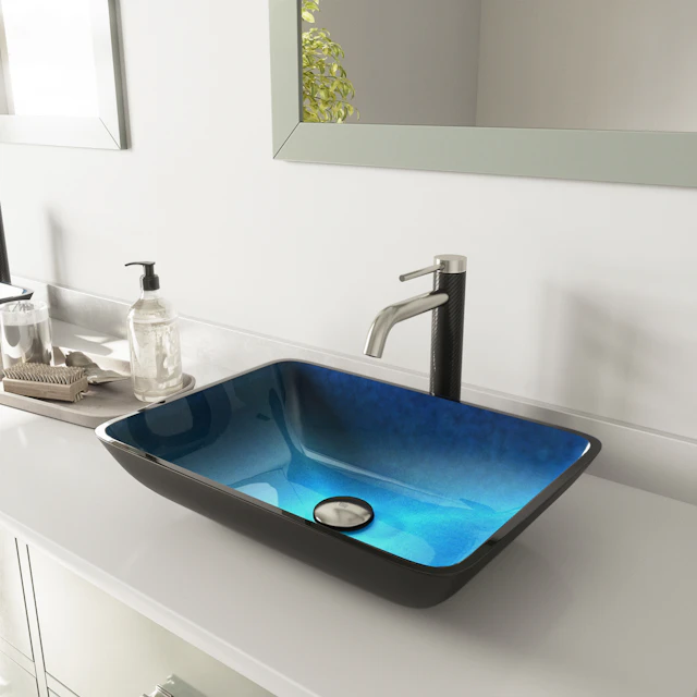 Glass Rectangular Vessel Bathroom Sink in Turquoise Blue with Lexington Faucet and Pop-Up Drain - angle 3 - other