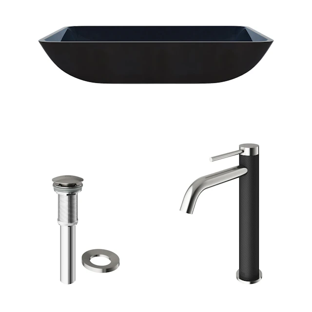 Glass Rectangular Vessel Bathroom Sink in Turquoise Blue with Lexington Faucet and Pop-Up Drain - angle 4 - other