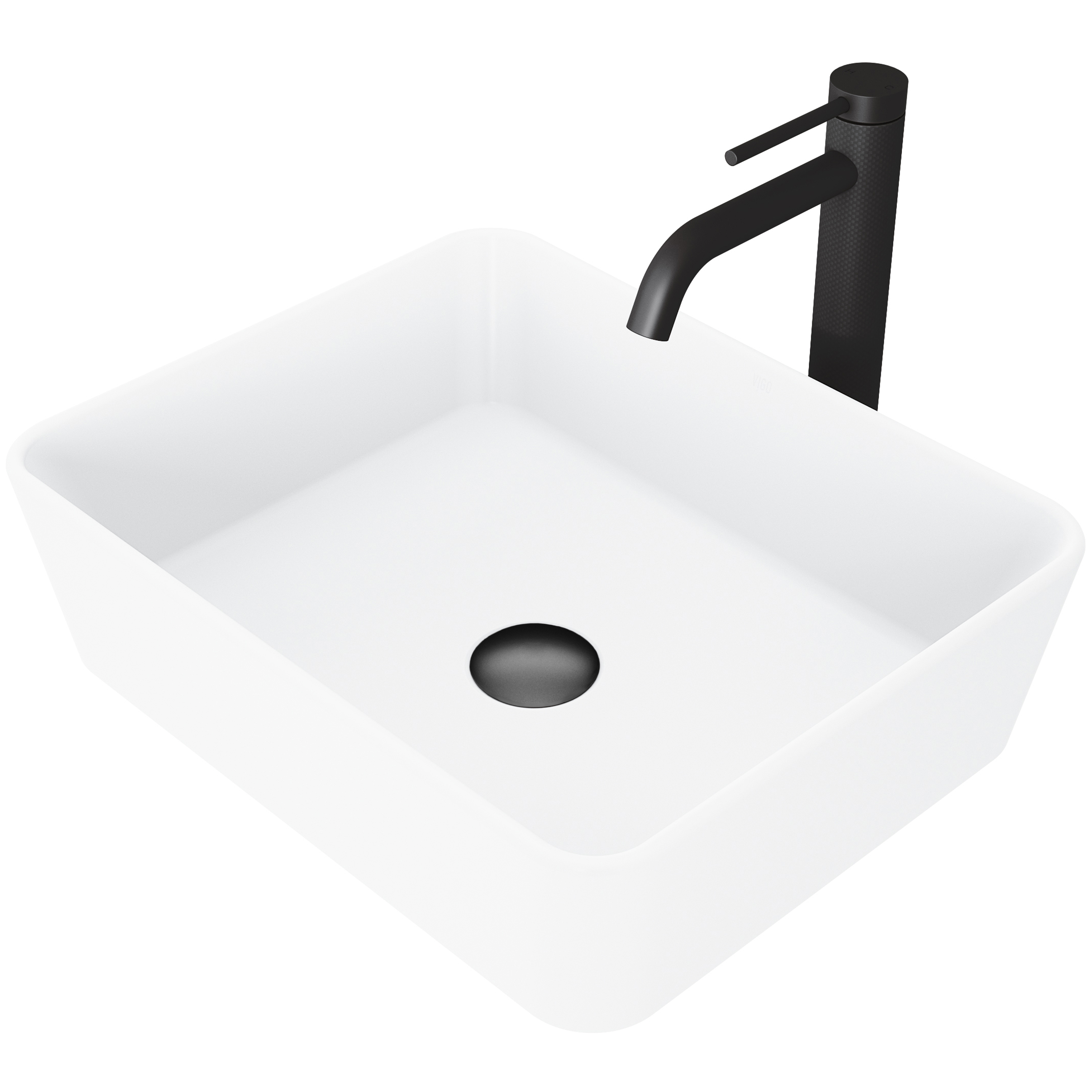 Matte Stone Marigold Composite Rectangular Vessel Bathroom Sink in White with Faucet and Pop-Up Drain