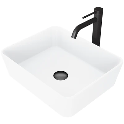 Matte Stone Marigold Composite Rectangular Vessel Bathroom Sink in White with Faucet and Pop-Up Drain