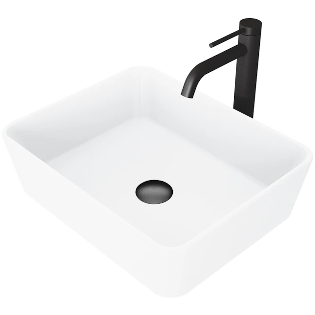 Matte Stone Marigold Composite Rectangular Vessel Bathroom Sink in White with Faucet and Pop-Up Drain - angle 1 - other