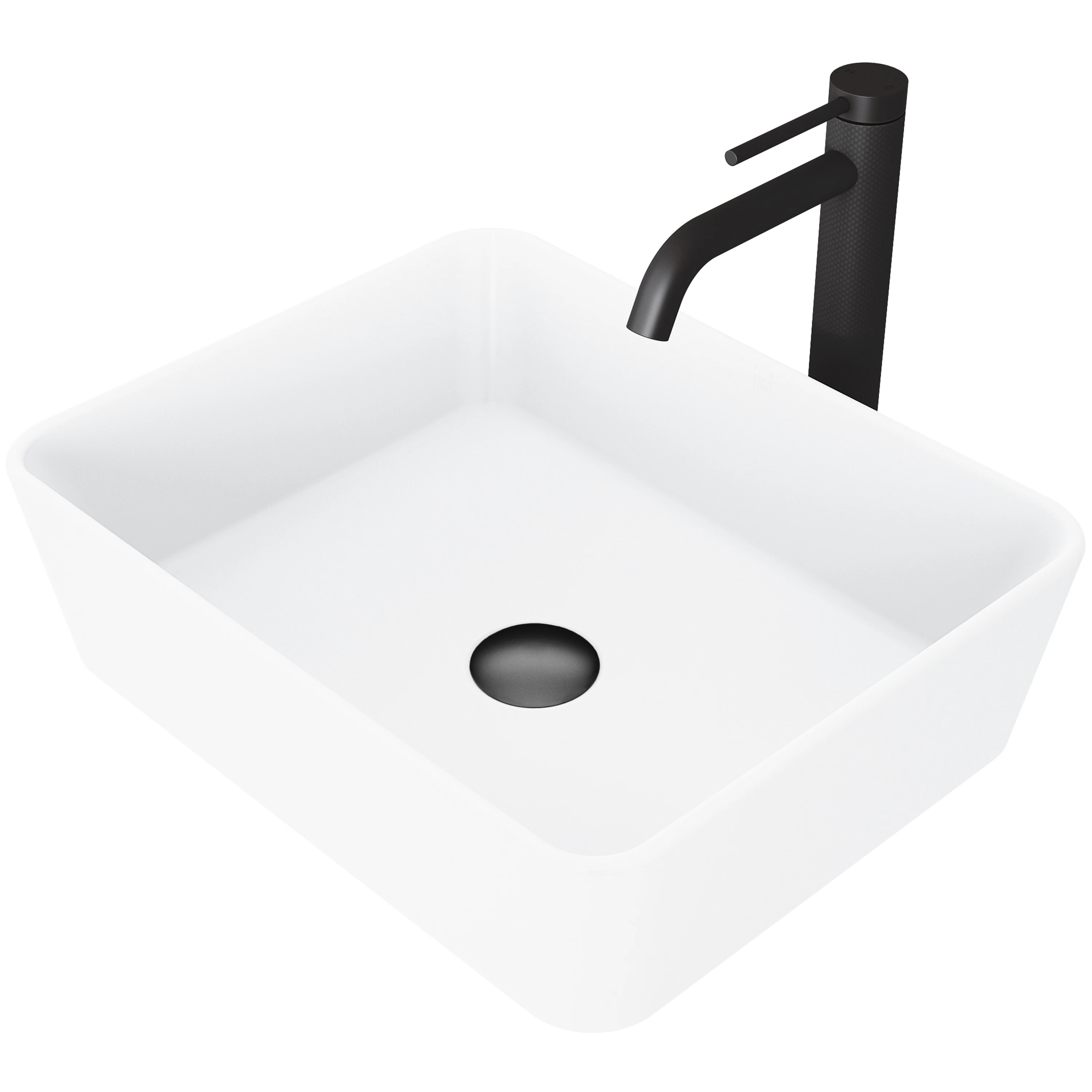 Matte Stone Marigold Composite Rectangular Vessel Bathroom Sink in White with Faucet and Pop-Up Drain